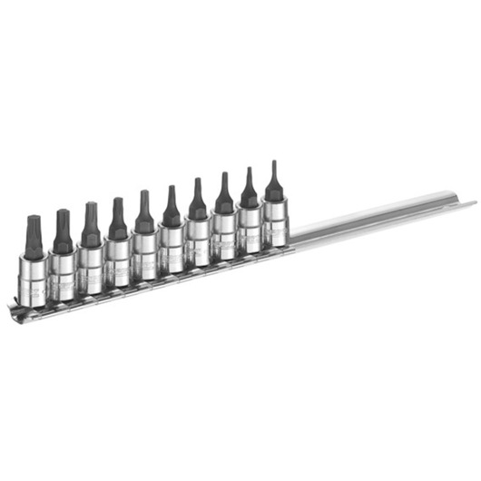 Facom E030703 socket bit set with nine black tip bits on a metal rail, photographed from a side angle.