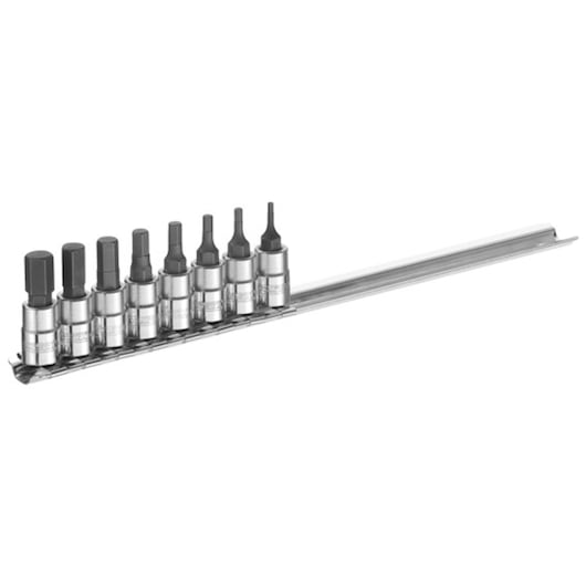 Facom E030704 hex bit socket set on rail, silver and black, product side angle, photography.