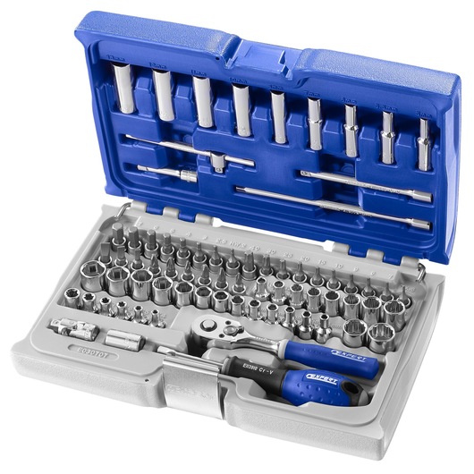 Facom E030707 socket and ratchet set in blue and gray plastic case, photographed from above on white background.