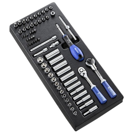 Facom E030715 socket and ratchet set with blue handled tools, assorted sockets, bits, and accessories, top angle.