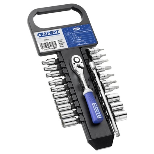 Facom E030727 socket and ratchet set with blue handle, assorted sockets and bits, front angle photo.