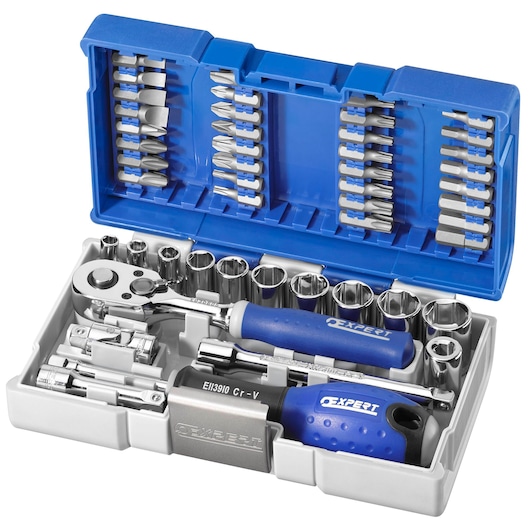 Facom E030729 socket and bit set with blue and silver ratchet, screwdriver handle, sockets, and bits, top view.