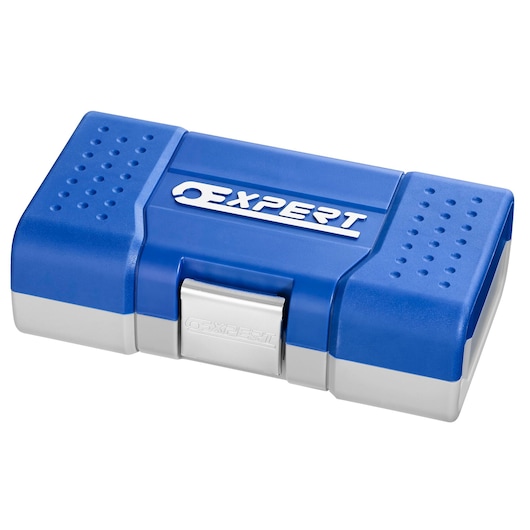 Facom E030729 blue and gray hard plastic tool case with EXPERT logo, closed, angled view, white background.