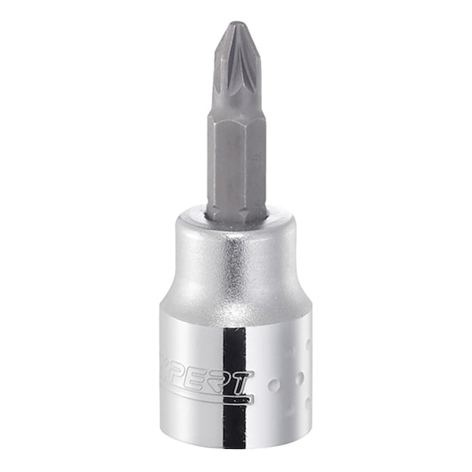 Facom E030922 silver Phillips screwdriver socket bit photographed from the front on white background.
