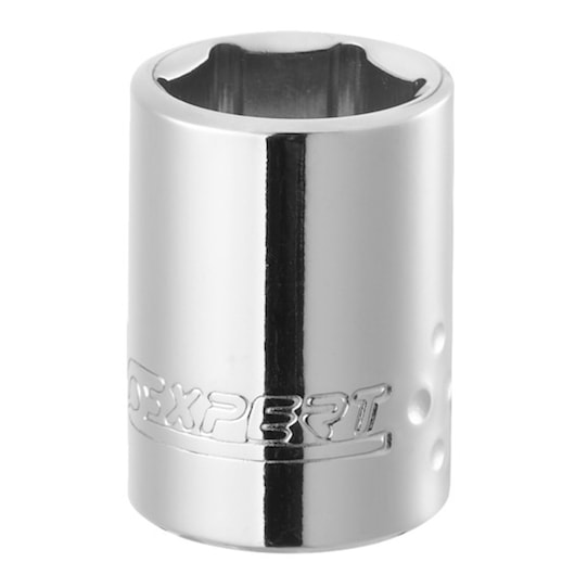 Facom E030949 chrome socket, photo of 6-point hand tool on white background, side view.