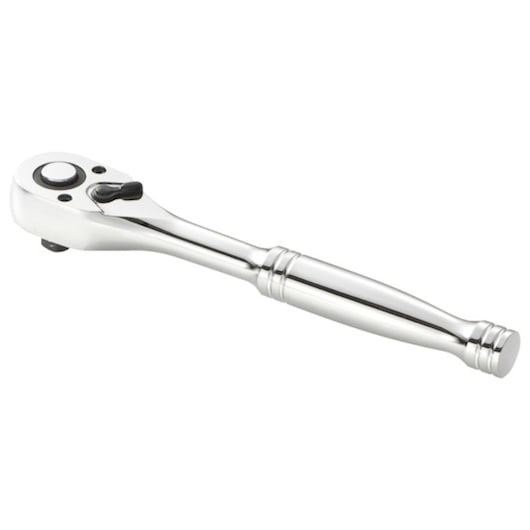 Facom E031612 chrome finish ratchet wrench with ergonomic handle, photography, angled on white background.
