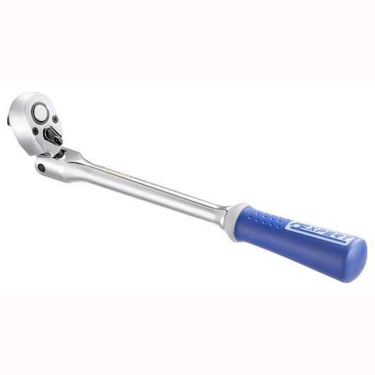 Facom E031702 ratchet wrench with chrome shaft and blue Expert handle, product side angle, photography.