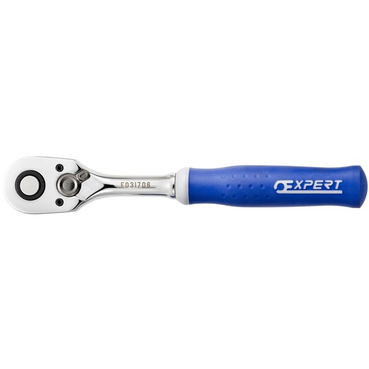Facom E031706 ratchet wrench with blue ergonomic handle, top view on white background.