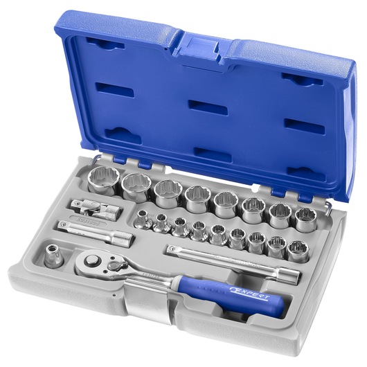 Facom E031805 socket set with ratchet and accessories in blue plastic case, top angle photo.