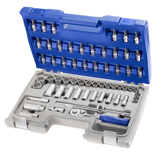 Facom E031806 socket and bit set in blue and gray case, photographed from above on white background