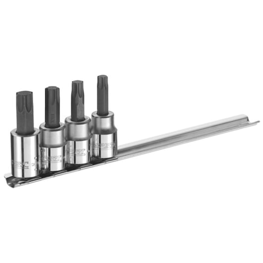 Facom E031807 socket bit set with four black bits on metal rail, product front angle.