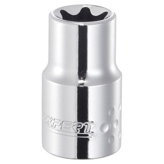 Facom E031928 chrome socket, front angle, embossed Expert logo, smooth cylindrical profile.