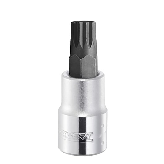 Facom E031968 chrome socket bit, black splined head, front view, photography on white background.