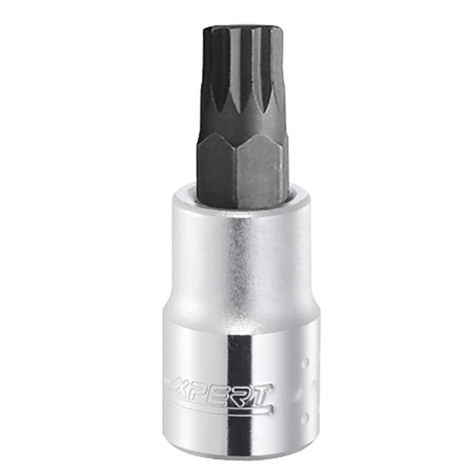 Facom E031972 socket bit, silver body with black splined tip, product photography, front angle.