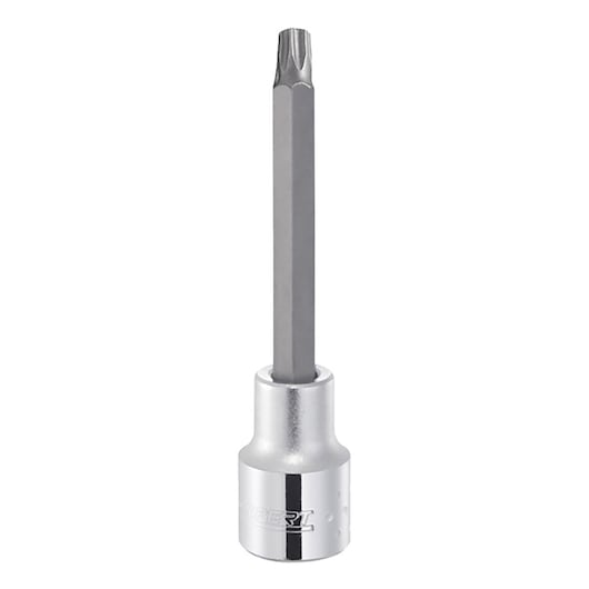 Facom E031981 silver Torx socket bit, upright front angle, chrome finish.
