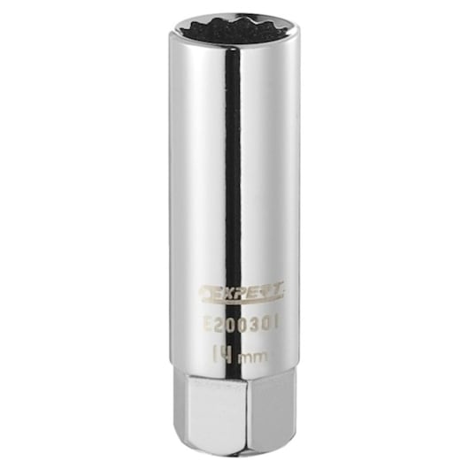 Facom E032101 chrome long socket, 14mm size, product photo on white background.