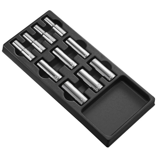 Facom E032201 socket bit set with eight silver bits in black tray, top angle.