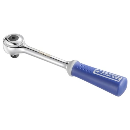 Facom E032801 ratchet wrench with chrome finish and blue Expert handle, angled view on white background.
