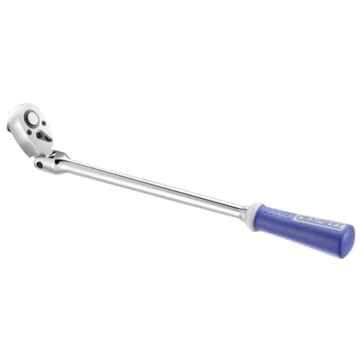 Facom E032803 long ratchet wrench with blue handle, side angle on white background.