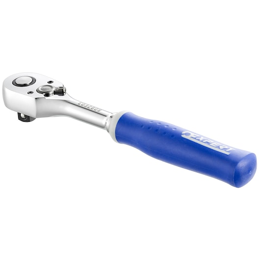 Facom E032808 ratchet wrench with chrome finish and blue ergonomic handle, side view, white background.