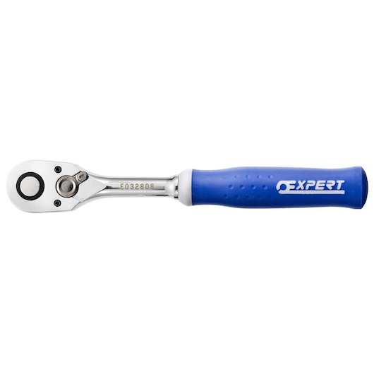 Facom E032808 ratchet wrench with blue handle, side view, white background.
