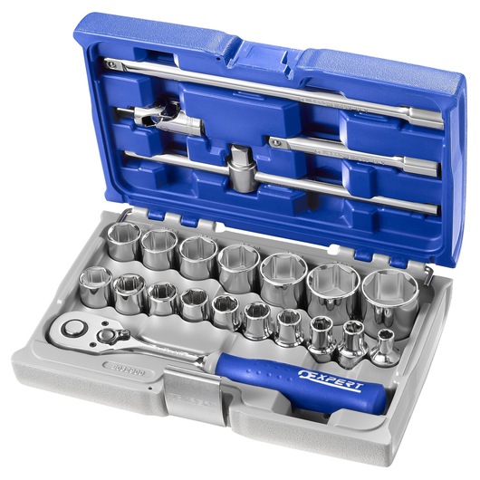 Facom E032900 socket and ratchet tool set in blue and grey plastic case, top angle, assorted sizes.