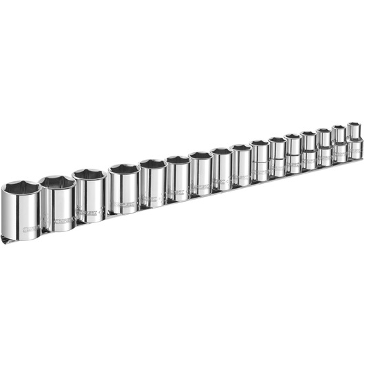 Facom E032902 chrome socket set arranged in a row, photography of 18 pieces on white background, angled view.