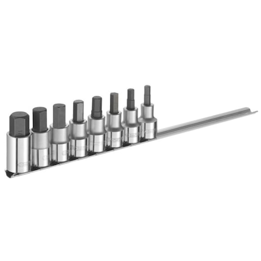 Facom E032904 hex bit socket set, eight silver and black pieces on metal rail, front angle, white background.