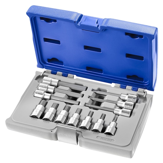 Facom E032906 socket bit set with multiple silver bits arranged in a blue and gray plastic case, angled top view.