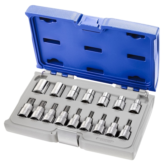 Facom E032907 socket bit set with chrome bits in gray and blue hard case, photography angled on white background.