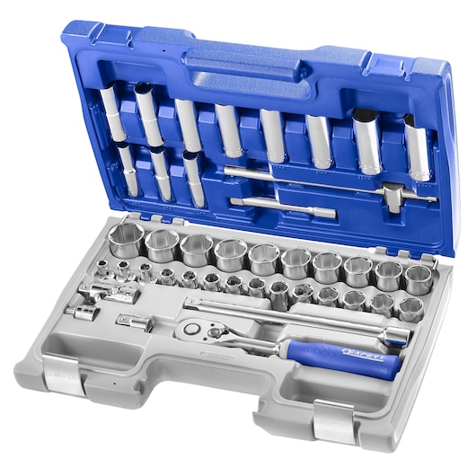 Facom socket and ratchet set E032908 in blue and gray case, opened, showing assorted tools, front angle.