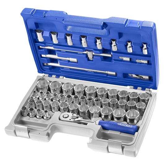 Facom E032909 socket wrench set in blue and gray carrying case, photography from front angle.