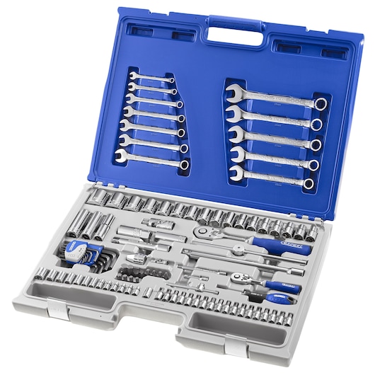 Facom E032911 socket and wrench set in blue hard case, top angle, assorted tools organized inside.