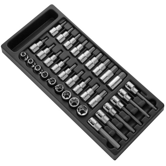 Facom E032922 socket and bit set in black tray, top angle, various sizes, metallic finish.