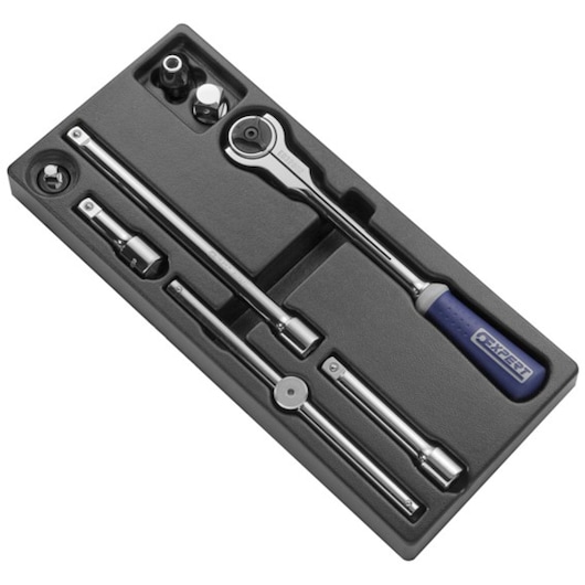 Facom E032924 ratchet and extension set photography, top angle, black tray, chrome tools with blue handle.