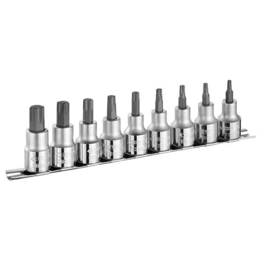 Facom E032936 hex socket bit set of nine pieces with holder, silver sockets and black bits, front angle.