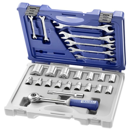 Facom E032937 socket and wrench set in blue and gray case, including ratchet, sockets, spanners, and extensions, front angle.