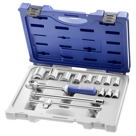 Facom E032938 socket wrench set with blue case, multiple sockets, ratchet and extension bars, front angle.