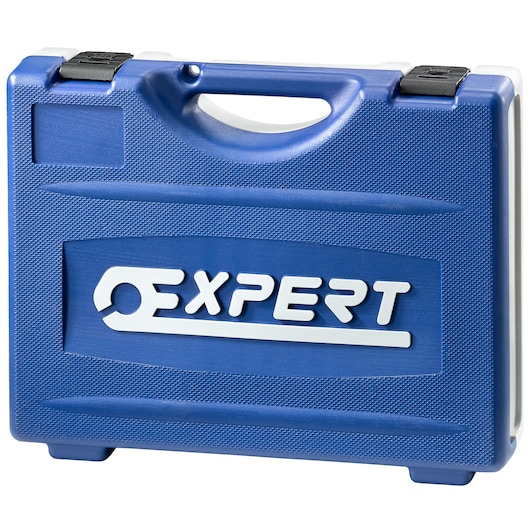 A blue plastic carrying case with a built-in handle and black clasps, featuring the white logo 'EXPERT' on the front.