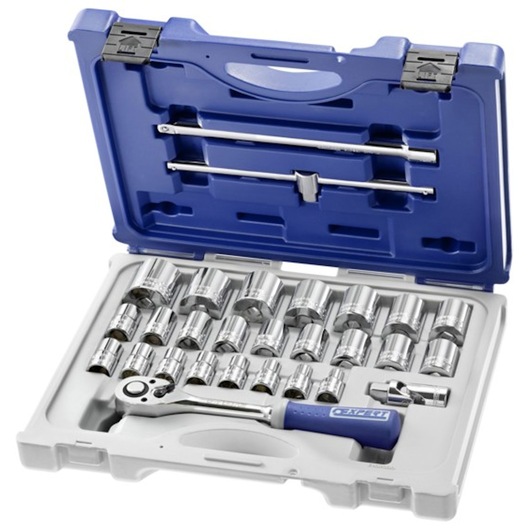 Facom E032939 socket and ratchet set in blue and white case, product photo, top angle.
