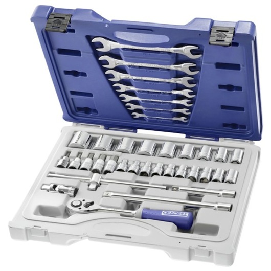Facom E032940 socket and wrench set in blue and white case, top angle.