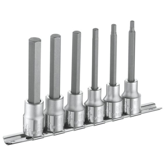 Facom E032941 hex bit socket set, six pieces in varying sizes, silver finish, on a metal rail, front angle.