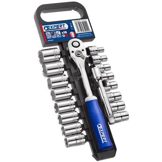 A Facom Expert socket wrench set with a blue-handled ratchet, multiple chrome sockets, and an extension bar, all arranged in a black plastic holder.
