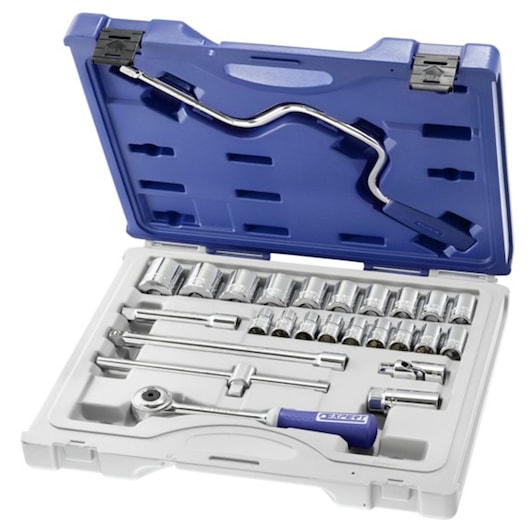 Facom socket and ratchet set E032943 in blue and white case, photography from above on white background.
