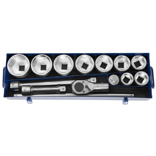 Facom E034701 socket and ratchet set in blue metal case, top angle.