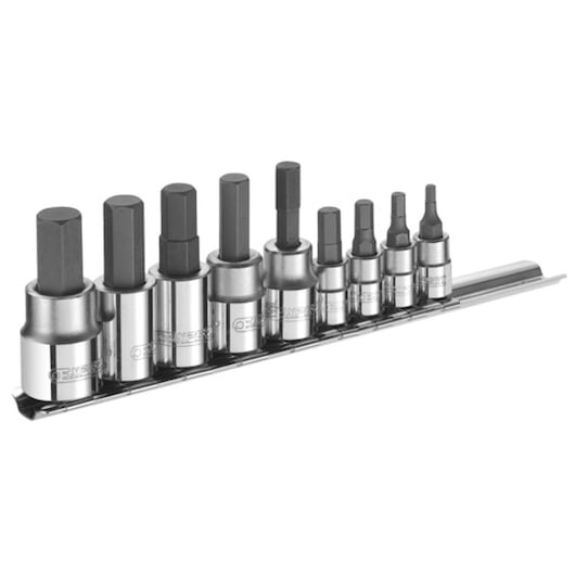 Facom E034802 hex bit socket set on rail, eight pieces, side angle, silver and black finish.