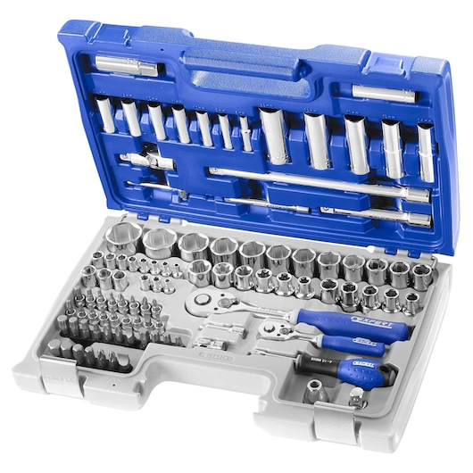 Facom E034805 photography of socket and bit set in blue and gray case, shown from top angle.