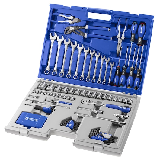 Facom E034806 mechanic tool set with blue and grey case, open to show wrenches, screwdrivers, pliers, and sockets, angled view.