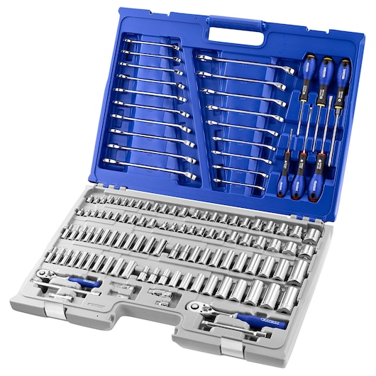Facom E034835 socket and screwdriver set in blue and gray hard case, top angle, organized wrenches and tools visible.