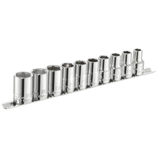 Facom E034837 socket set, ten chrome sockets on a metal rail, angled view, white background.